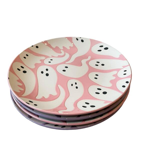 Halloween GHOST Appetizer Plates 7.5in Set of 4 Ceramic Pink & Purple NEW - Picture 10 of 10